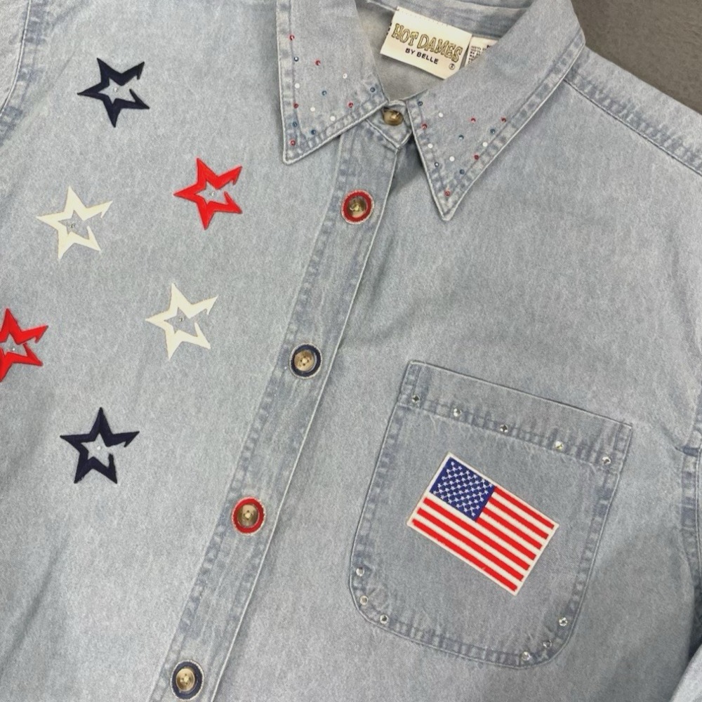 Vtg 90's Embroidered Denim Shirt Sz M Button Up L/S‎ Patriotic 4th July USA